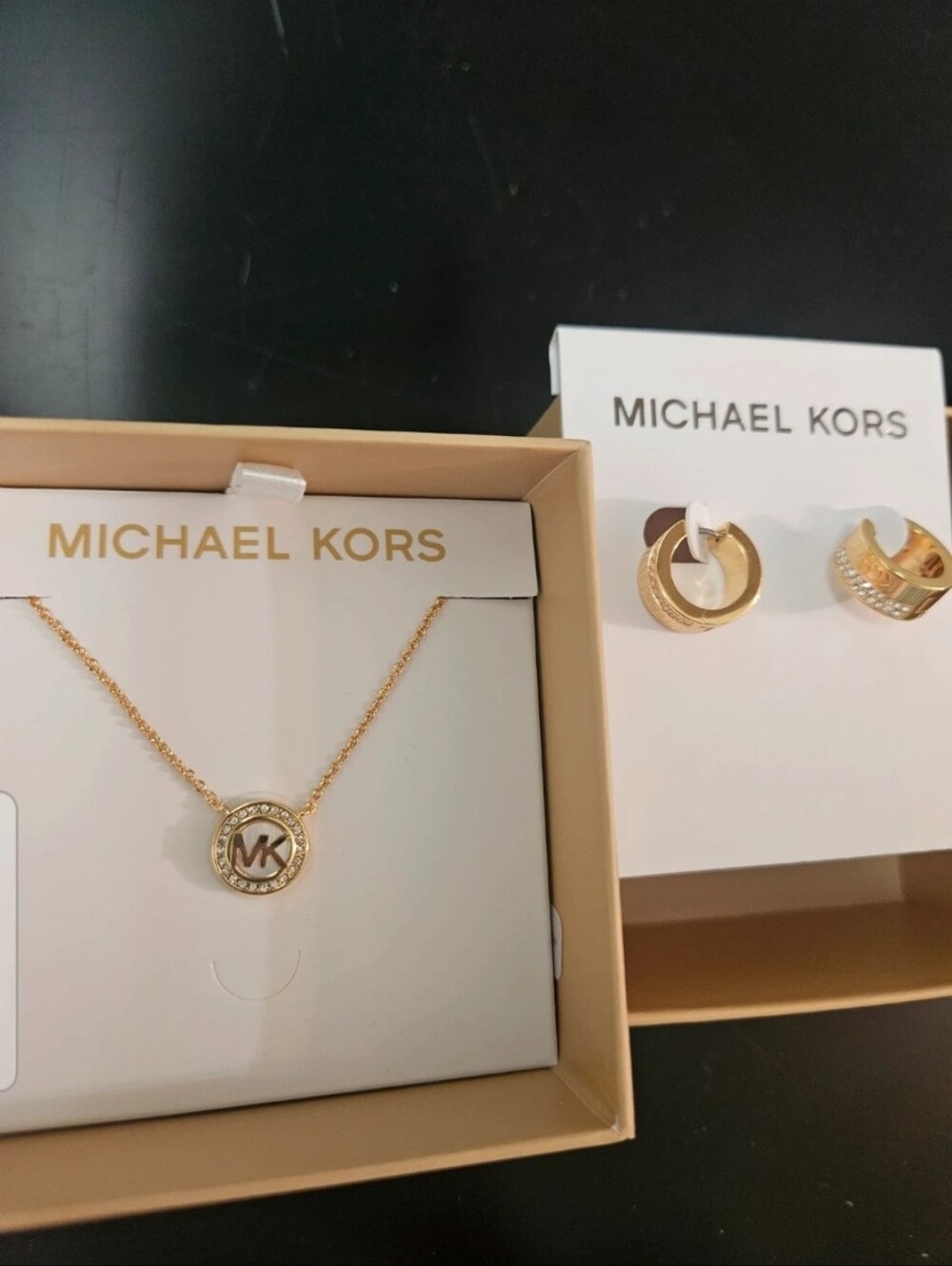 Michael Kors Gold-Tone MK Crystal Circle Pendant Necklace